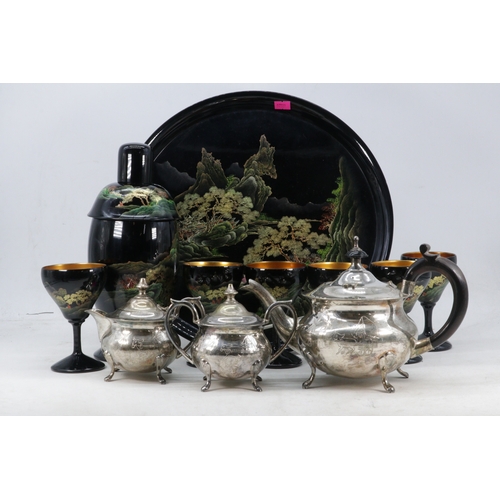 396 - Oriental Laquered cocktail set with shaker, tray and six goblets. Also three piece silver plated Tea... 
