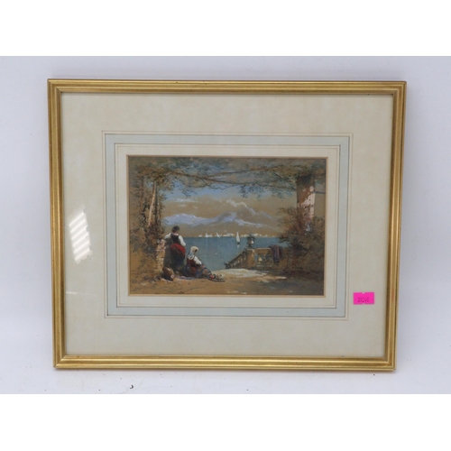 403 - Charles Rowbotham dated 1866 continental framed painting showing two ladies looking out to sea appro... 