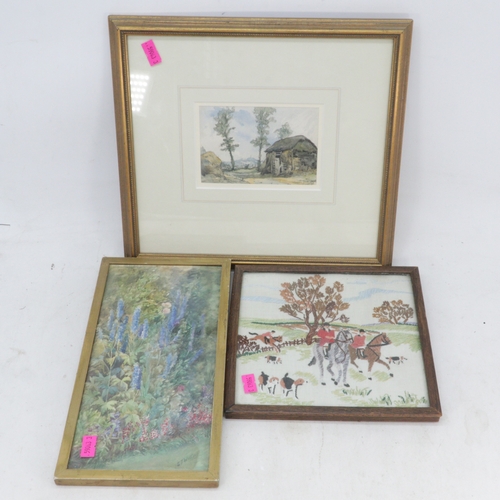 259 - Horatio Walter Lonsdale water colour, Small waterfall colour of flowers and an embroidered hunting s... 