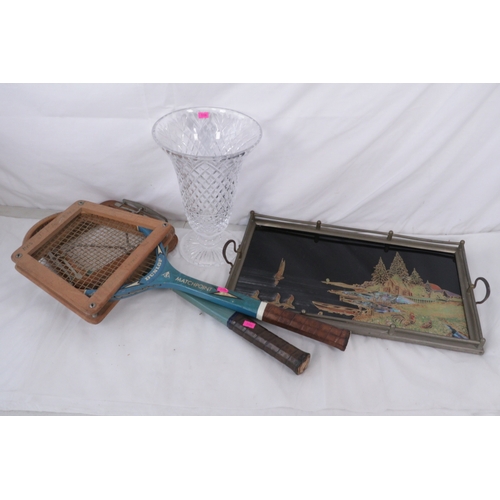368 - A cut glass vase, Burmese lacquered tray and two Dunlop tennis rackets with covers