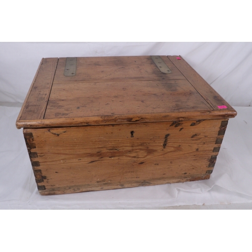 383 - Antique pine two handled chest / box with inset brass mounts