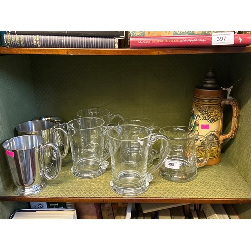 398 - Three plated tankards, selection of Dartington glass tankards and a stein.