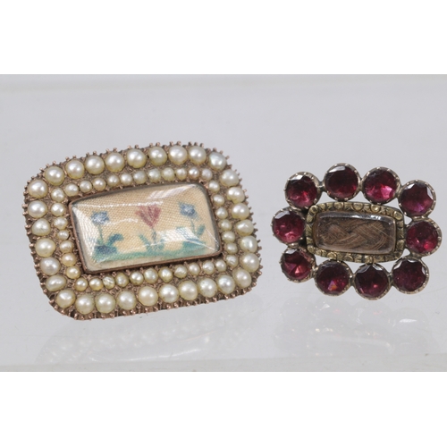 126 - Regency pearl and unmarked gold brooch together with a Garnet and hairwork brooch