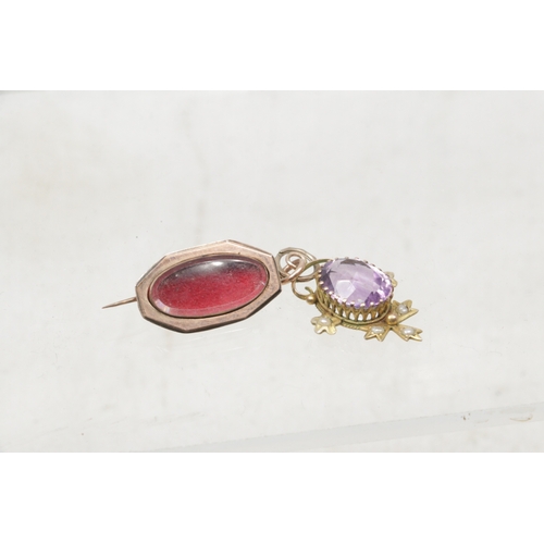 151 - 9ct gold amethyst and pearl pendant together with a rose gold mourning brooch