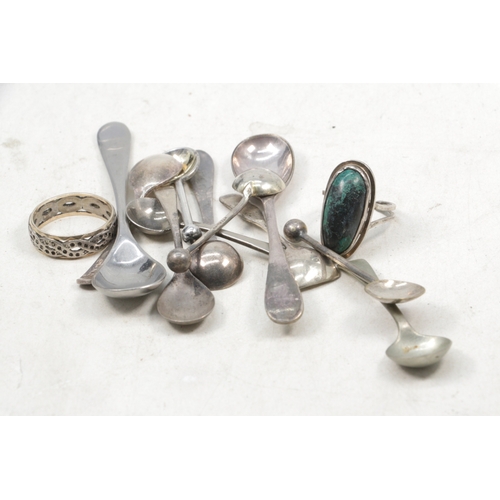 155 - Four silver mustard spoons together with a selection of plated similar together with a 9ct and silve... 