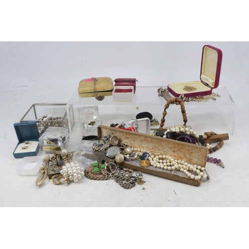 166 - Assortment of costume jewellery (noted some silver), bangles, brooches, culture pearls necklaces etc