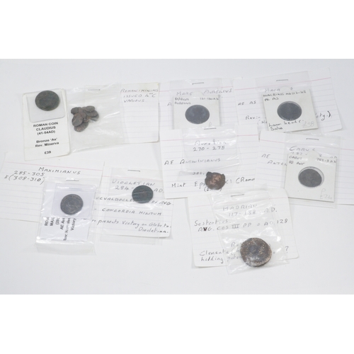 174 - Group of Roman coins, 1st–4th century AD, including Hadrian, Marcus Aurelius, Macrinus, Claudius, Ca... 