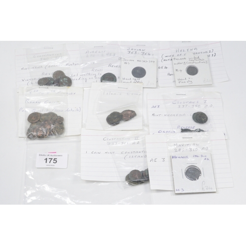 175 - Group of Roman coins, 3rd–7th century AD, including Aurelian antoninianus, Jovian AE3, Helena, Maxim... 