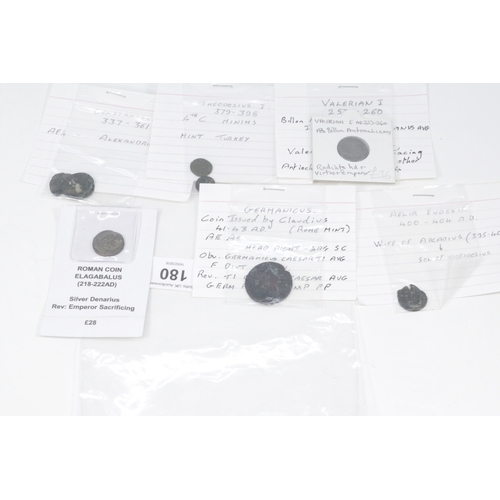 180 - Small group of Roman coins 1st-4th Century AD including silver denarius of Elagabalus, bronze As Ger... 