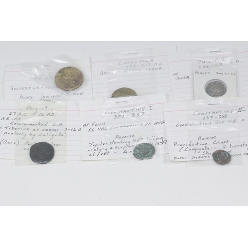 181 - Group of Roman coins, 1st–3rd century AD, including AR antoninianus of Philip I, AE As of Augustus, ... 