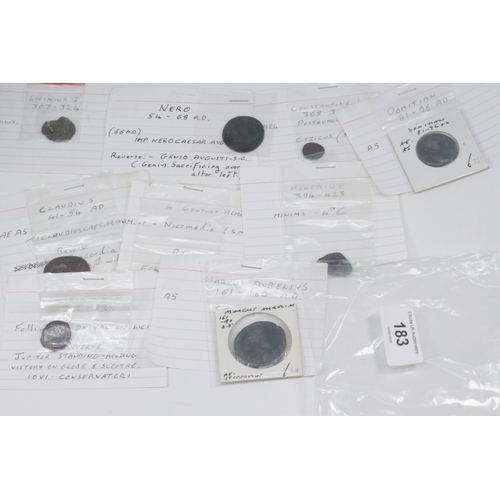 183 - Group of Roman bronze coins, 1st–4th century AD, including Nero, Claudius, Marcus Aurelius, Domitian... 