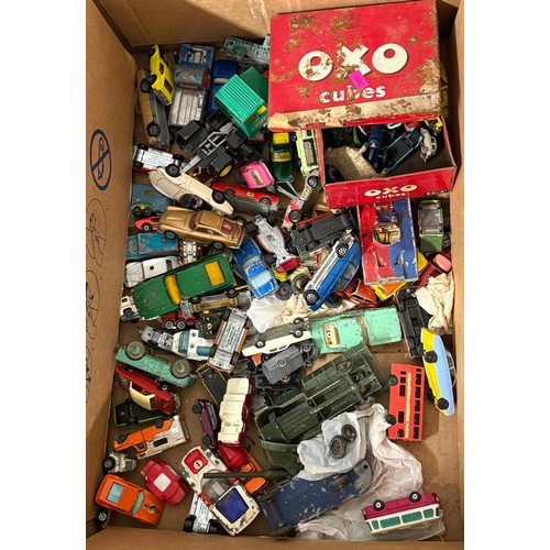 576 - A box of assorted vintage and later diecast vehicles to include two Corgi James Bonds cars, matchbox... 