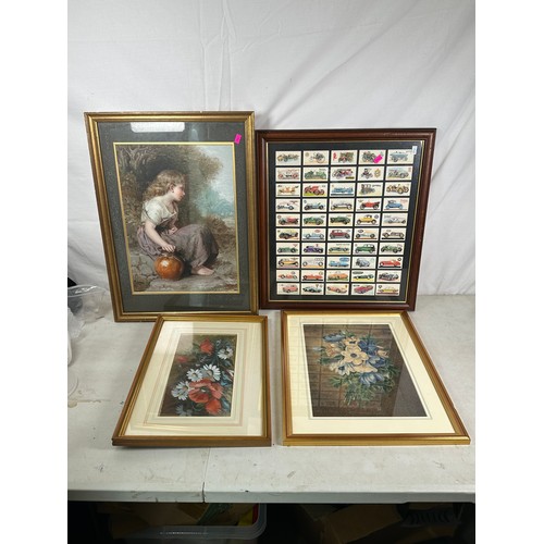 292 - Still life watercolour dated 1907 with another similar, framed Wills Cigarette cards and a framed Hi... 