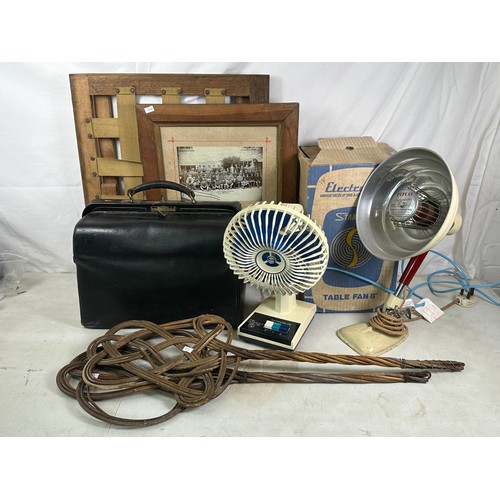 294 - Vintage folding backrest, doctors case, two carpet beaters, retro starlet fan in original box, pifco... 