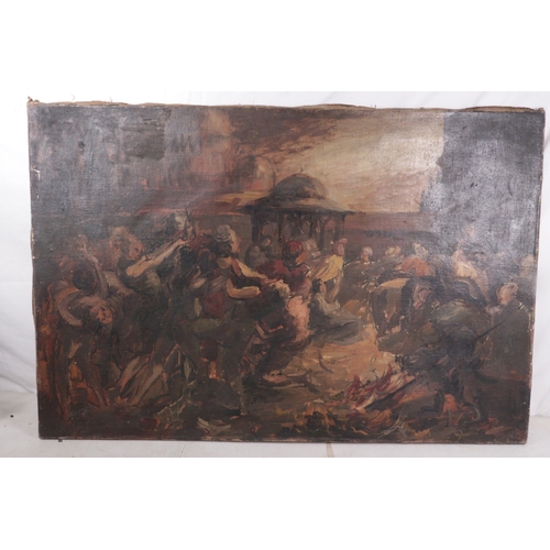 251 - A large oil on canvas of people gathering, indistinctly signed (picture measures approx. 61cm x 92cm... 