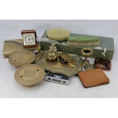 362 - Two Indian chemist pot lids, onxy cigarette box, eastern brass smoking set, green handled part dress... 