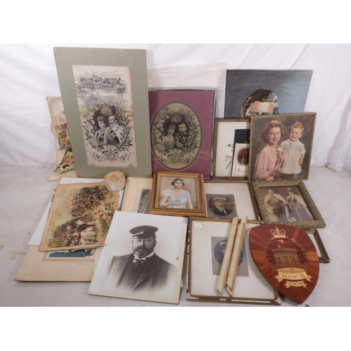 370 - Assorted lot of Royal interest photographs, silk of George V, oil on board Prince Charles etc