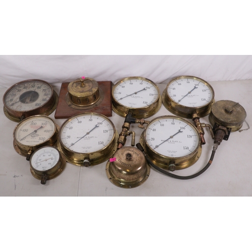 374 - A selection of brass cased nautical instruments to include Chad burns Liverpool internal bell, sever... 