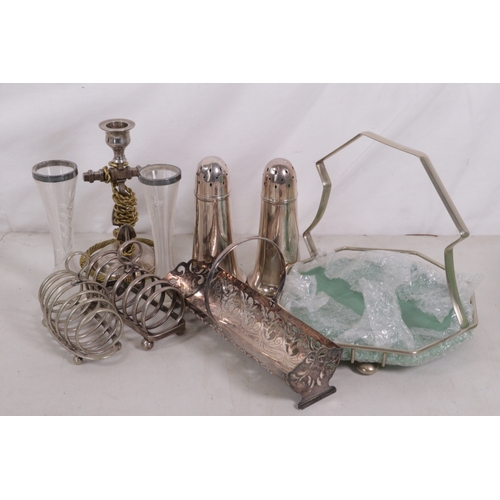 391 - Pair of walker and hall silver plated salt cellars marked with War Department arrow, two plated toas... 