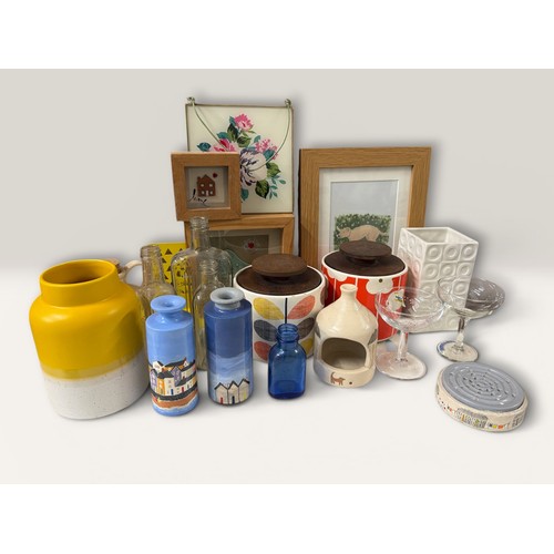 Carton of general sundries to include yellow over white jug, two blue ...