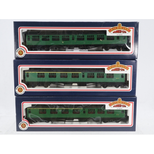 118 - Three boxed Bachmann c00 gauge carriages to include 34-525 63ft allied Corridor 2nd BR Green, 34-550... 