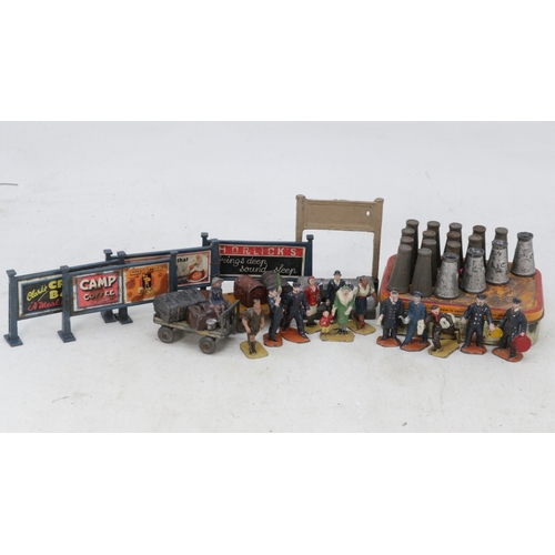 236 - Selection of vintage Hornby trackside figures, milk churns, signs and more