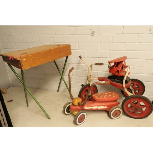262 - Mobo vintage tin horse, tri-ang crane, Triang Childs desk and two Childrens scooters / trike