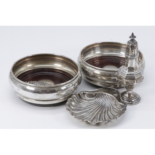 281 - Silver clam dish, pair of silver coasters with wooden bases, 2x wine labels etc