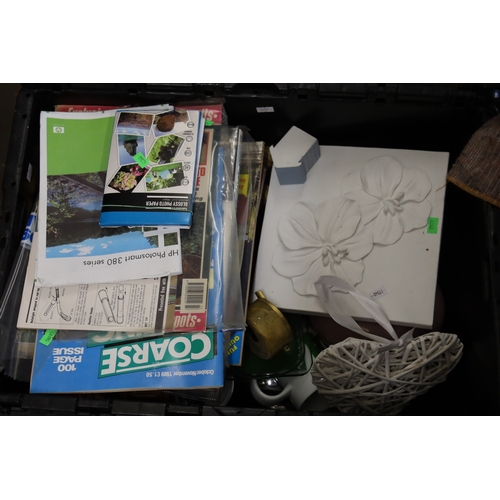 18 - Assorted sundries to include HP Photosmart 380 series, ceramics, fishing magazines, metal wares etc