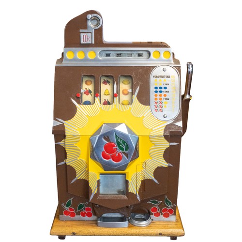 Mills: A mid-20th century Mills "Bursting Cherry", brown front One-Armed Bandit, 10c converted to 6d play, with rare snake key to back and complete with removable mechanism. Working order. Measuring approx. 66cm height, 41cm width, 39cm depth. Please assess photographs.