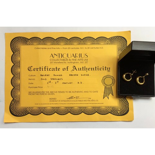 1 - A pair of Roman 2nd - 3rd Century Eastern Empire Gold Earrings with Certificate of Authenticity. App... 