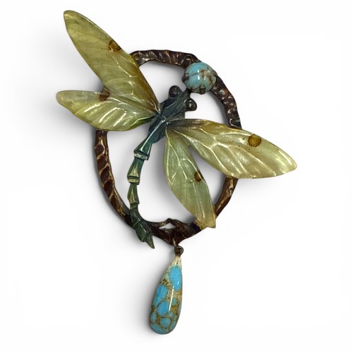 An Art Nouveau pressed horn and faux turquoise pendant, signed by Elizabeth Bonté.