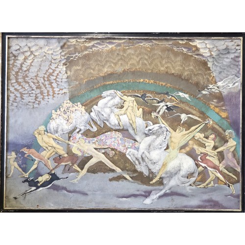 A. K. Zinkeisen (Scottish 1901-1976), ''Mythical Religious Gathering of Cherubs and Animals'', oil on canvas, signed lower right, 55.5cm x 76cm, 72.5cm x 92.5cm (with frame).