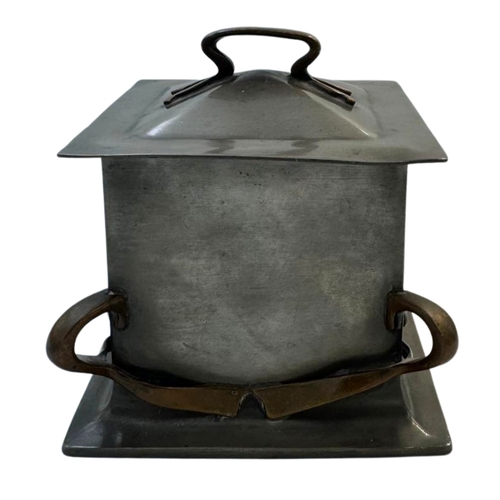 David Veasey for Liberty & Co, rare Tudric pewter and copper biscuit box and cover of square form with applied whiplash handles, impressed 084 and Tudric, height 13.5cm.