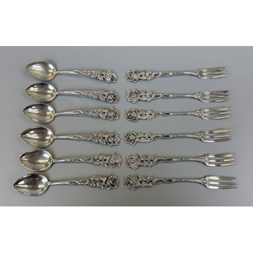 1 - Service for 6 silver 835 German dessert spoons & fork set - Approx. 138g