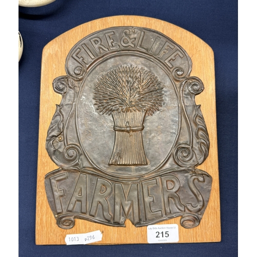 215 - Copper plaque mounted on timber - fire & life farmers