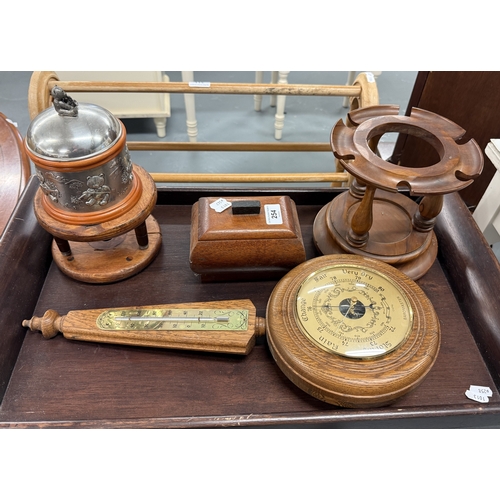 254 - Collection of wooden items to include barometer etc.