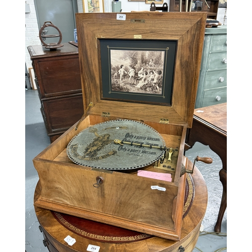 265 - Victorian table top Polyphon with marquetry work on hinged lid by Paterson sons & co in working ... 