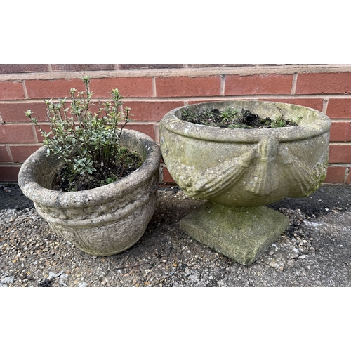 377 - Reconstituted stone pedestal planter together with stone planter