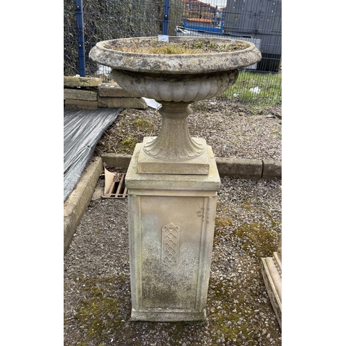 383 - Reconstituted stone pedestal planter on reconstituted stone plinth Approx. H123cm