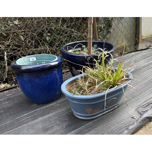 384 - 3 blue salt glazed planters