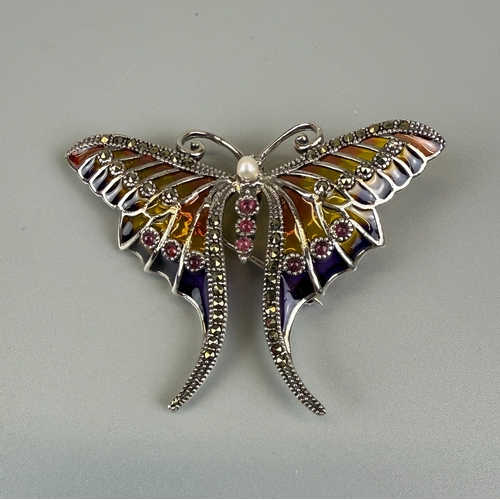 8 - Silver enamel ruby set butterfly brooch/pendent