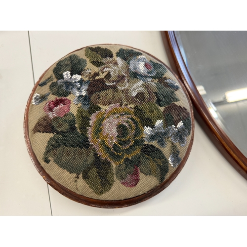 198 - Antique beaded footstool with decorative inlaid on bun feet