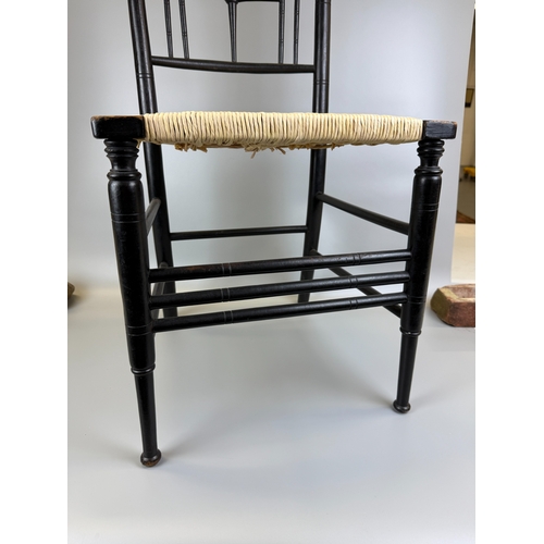 223 - William Morris arts & crafts ebonised rush seated Sussex chair designed by Ford Maddox retailed ... 