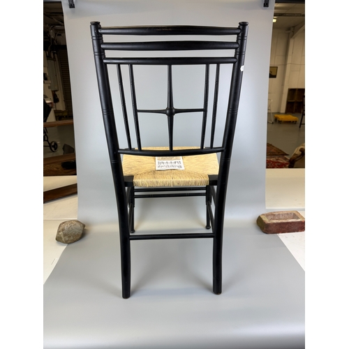 223 - William Morris arts & crafts ebonised rush seated Sussex chair designed by Ford Maddox retailed ... 