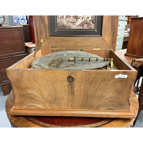 265 - Victorian table top Polyphon with marquetry work on hinged lid by Paterson sons & co in working ... 