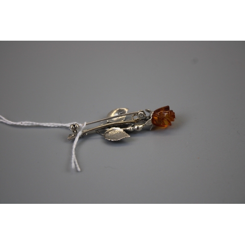 18 - Silver Amber Set Flower Brooch