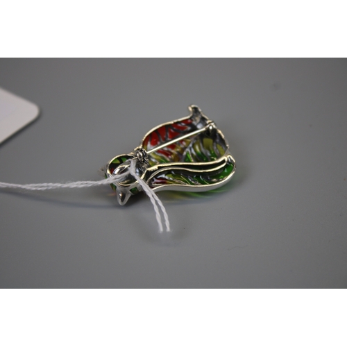 19 - Silver Enamel Cat Brooch Set With Marcasite & Ruby