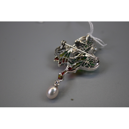 29 - Silver Enamel Fairy Brooch / Pendant Set with Marcasite & Pearl