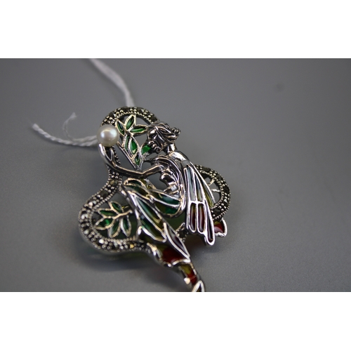 29 - Silver Enamel Fairy Brooch / Pendant Set with Marcasite & Pearl